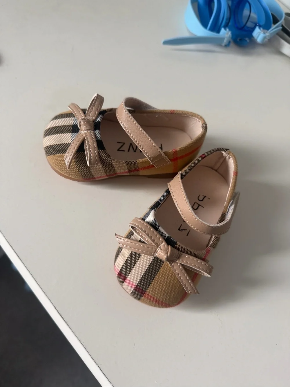Classic Plaid Baby Mary Janes with Beige Bow Strap